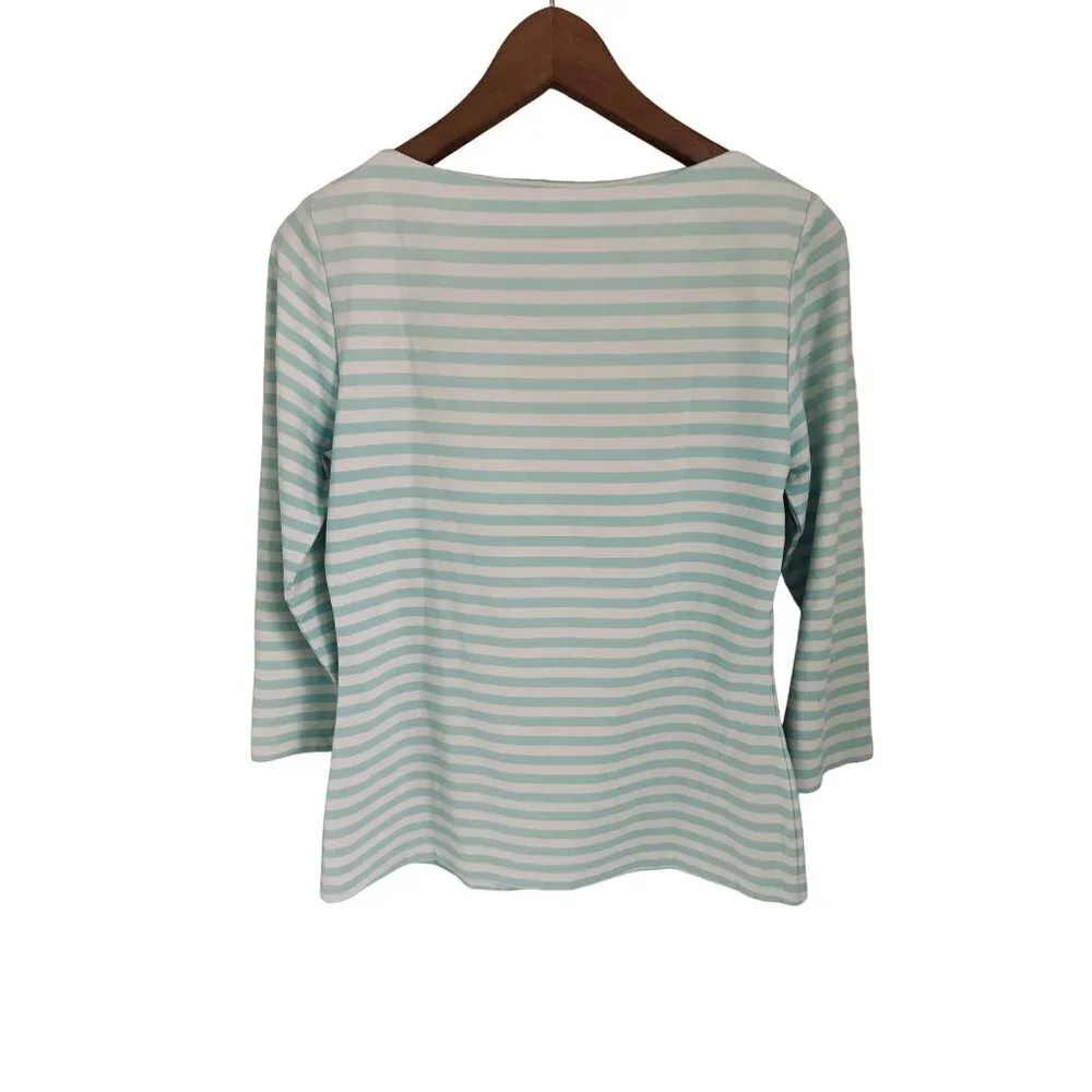 J. McLaughlin Top Crewneck Shoulder Buttons Tunic Green White Stripes Sweater SM - Picture 6 of 6